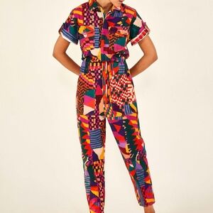 Farm Rio Canvas Jumpsuit Red Abstract Rainbow Multicolor Funky Jumpsuit
